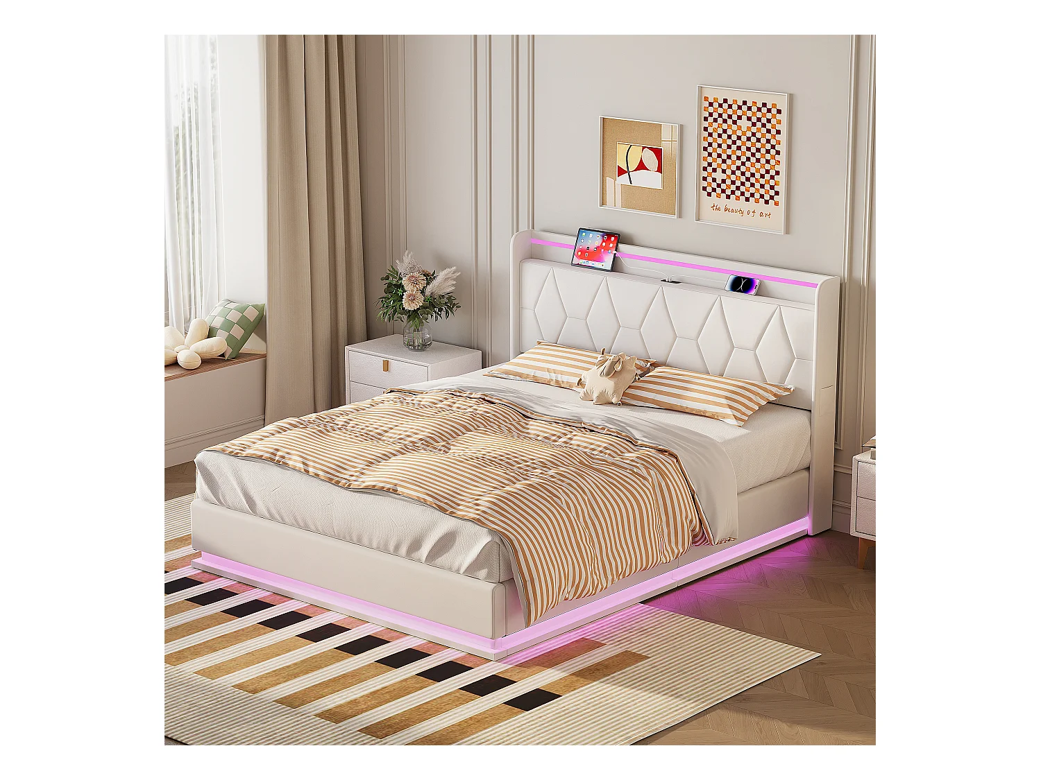 Lit double moderne 160x200 cm avec tête de lit rembourrée en velours blanc, éclairage LED, port USB et coffre de rangement avec vérins hydrauliques