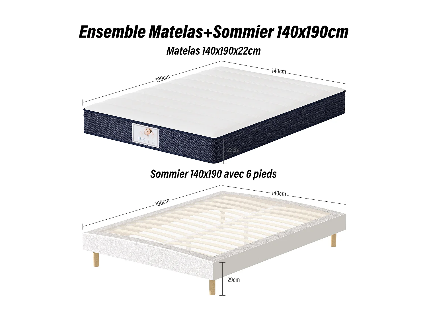 Ensemble Matelas à ressorts+ Lit Sommier Tapissier Déco 140x190cm, Epaisseur du Matelas 22cm