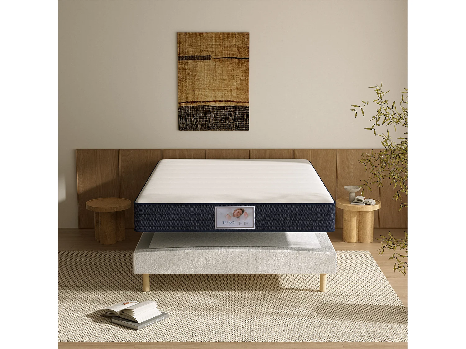 Ensemble Matelas à ressorts+ Lit Sommier Tapissier Déco 140x190cm, Epaisseur du Matelas 22cm
