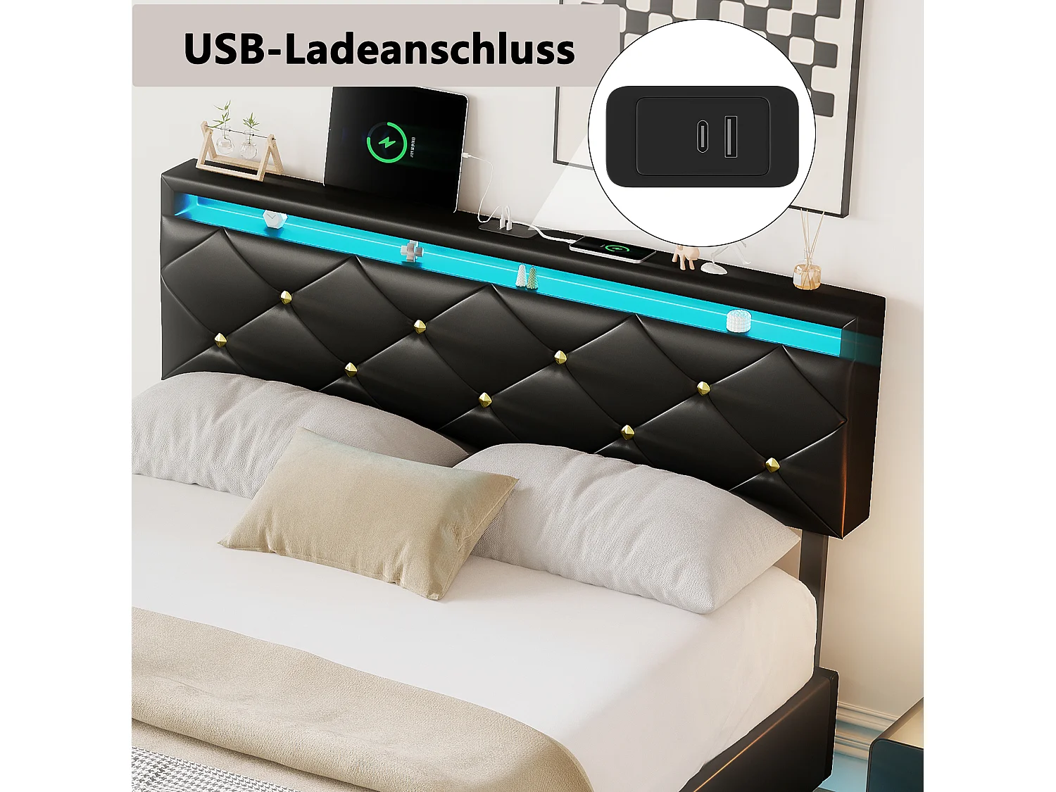 Lit 140x200 cm avec Éclairage LED et Tête de Lit Réglable, Structure Métallique et Revêtement en PU, Design Moderne et Élégant