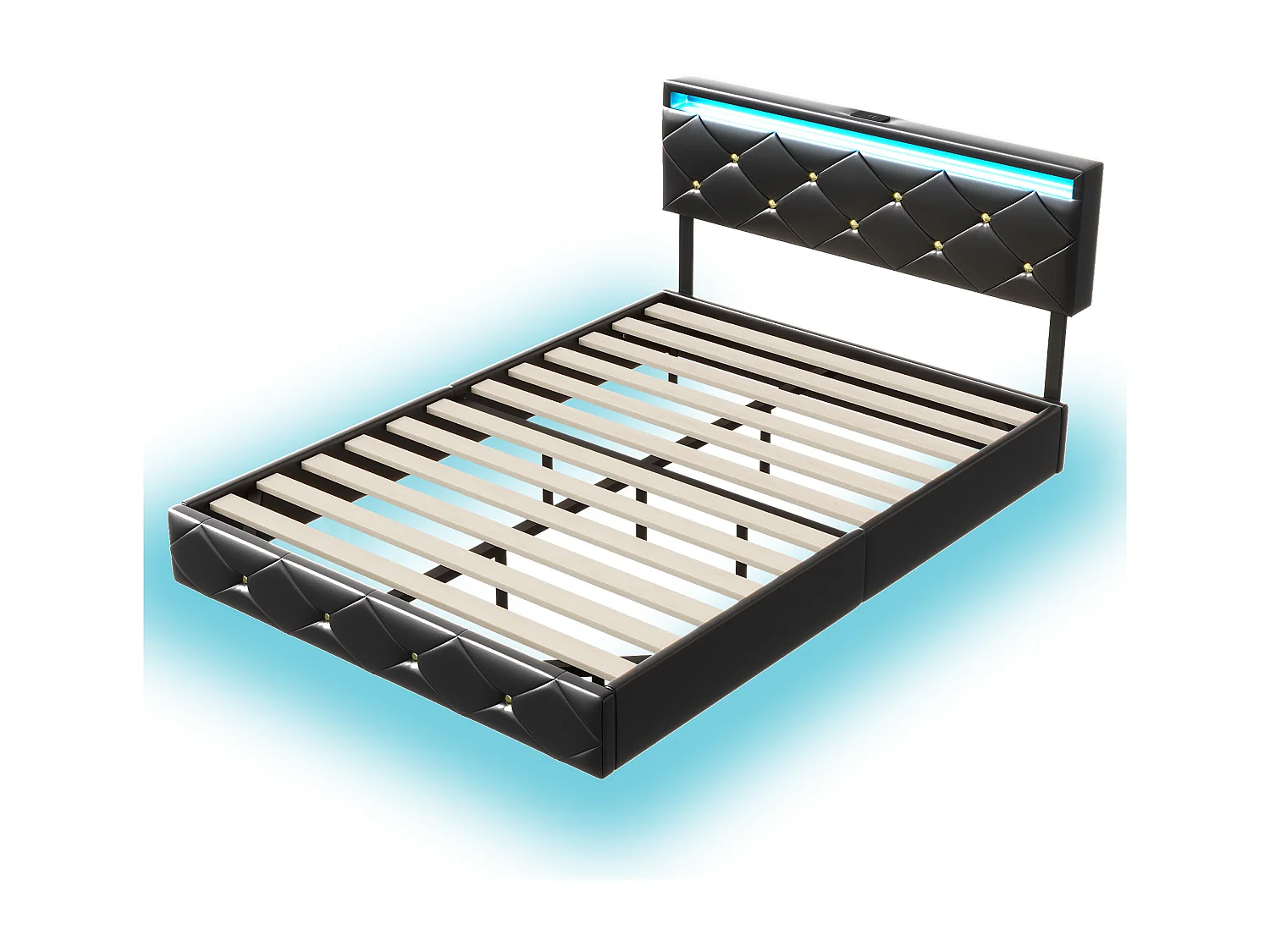 Bed van 140x200 cm met ledverlichting en verstelbaar hoofdeinde, metalen structuur en PU-bekleding, modern en elegant design