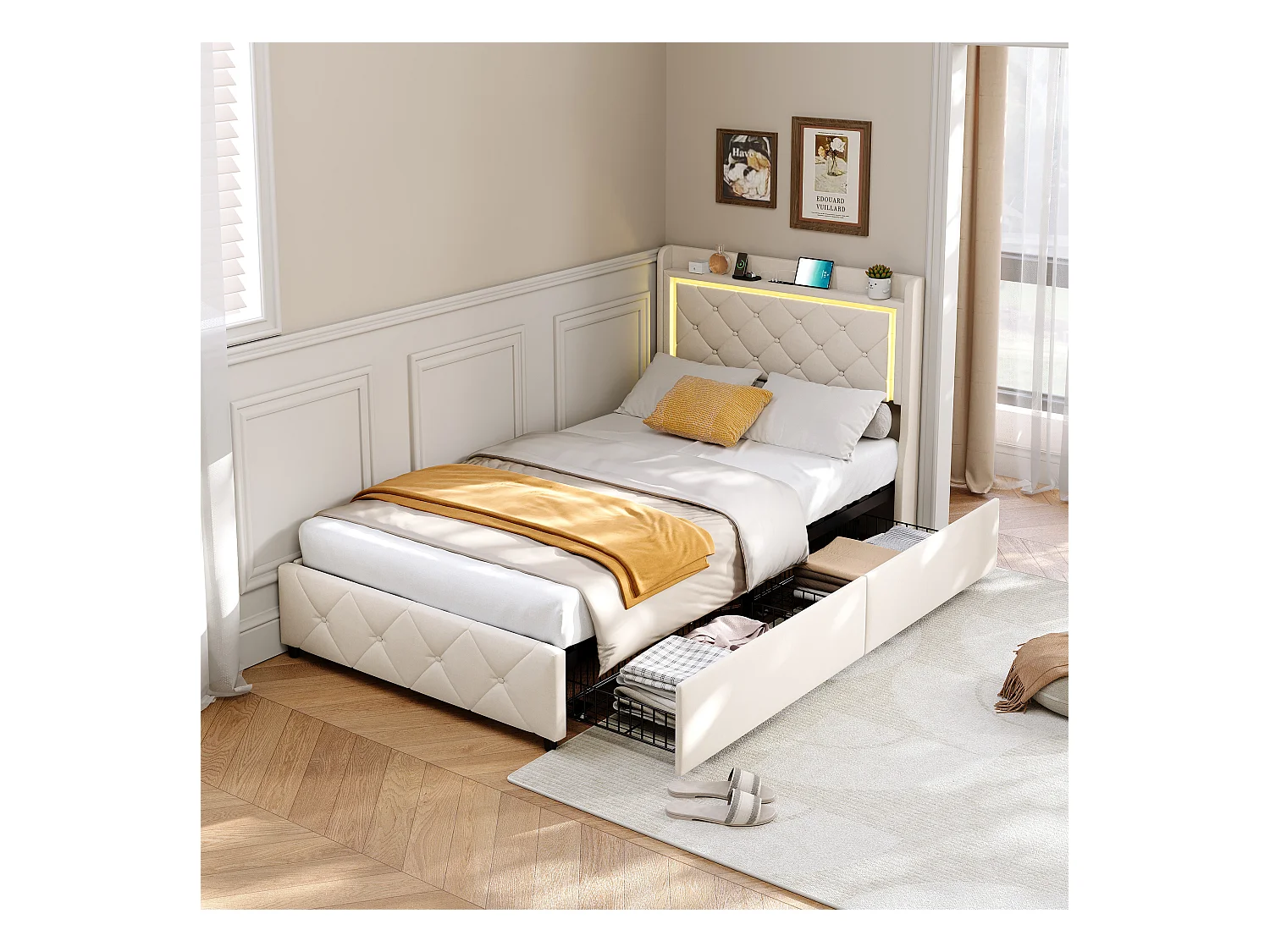 Cama de veludo bege 90x200 cm com cabeceira de LED, elevador a gás, carregamento USB e tipo C