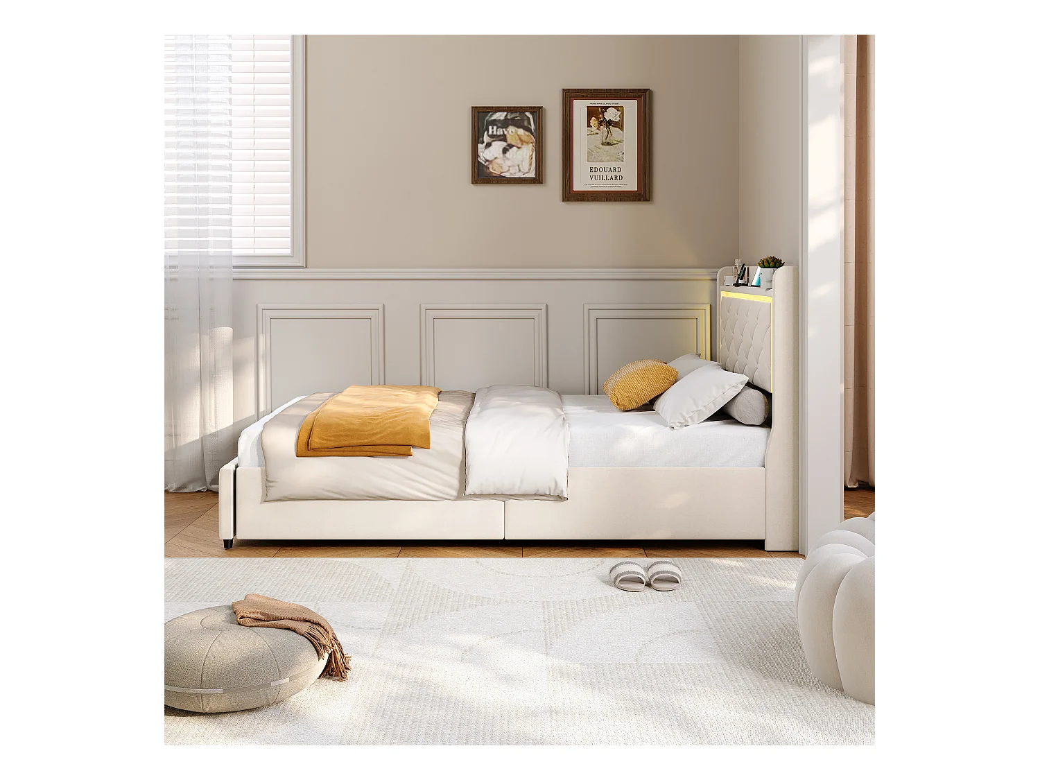 Cama de veludo bege 90x200 cm com cabeceira de LED, elevador a gás, carregamento USB e tipo C