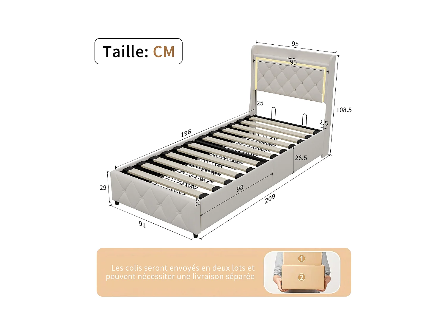 Cama de veludo bege 90x200 cm com cabeceira de LED, elevador a gás, carregamento USB e tipo C