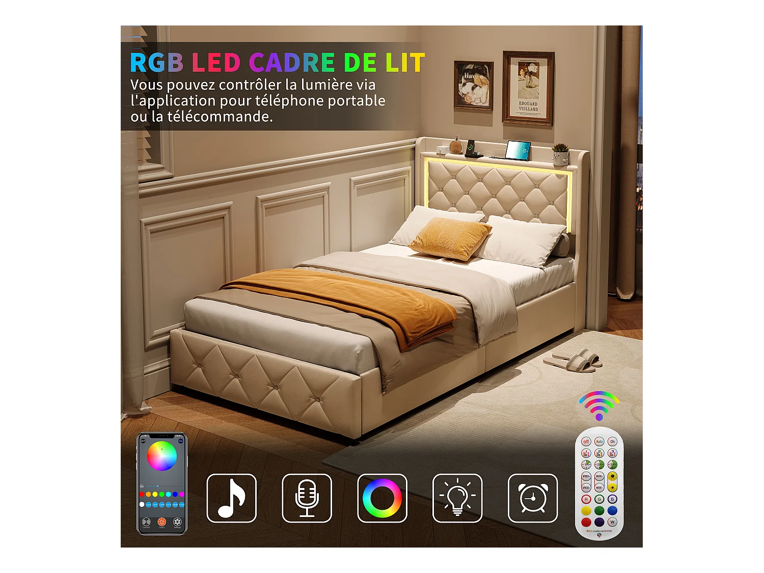 Cama de veludo bege 90x200 cm com cabeceira de LED, elevador a gás, carregamento USB e tipo C