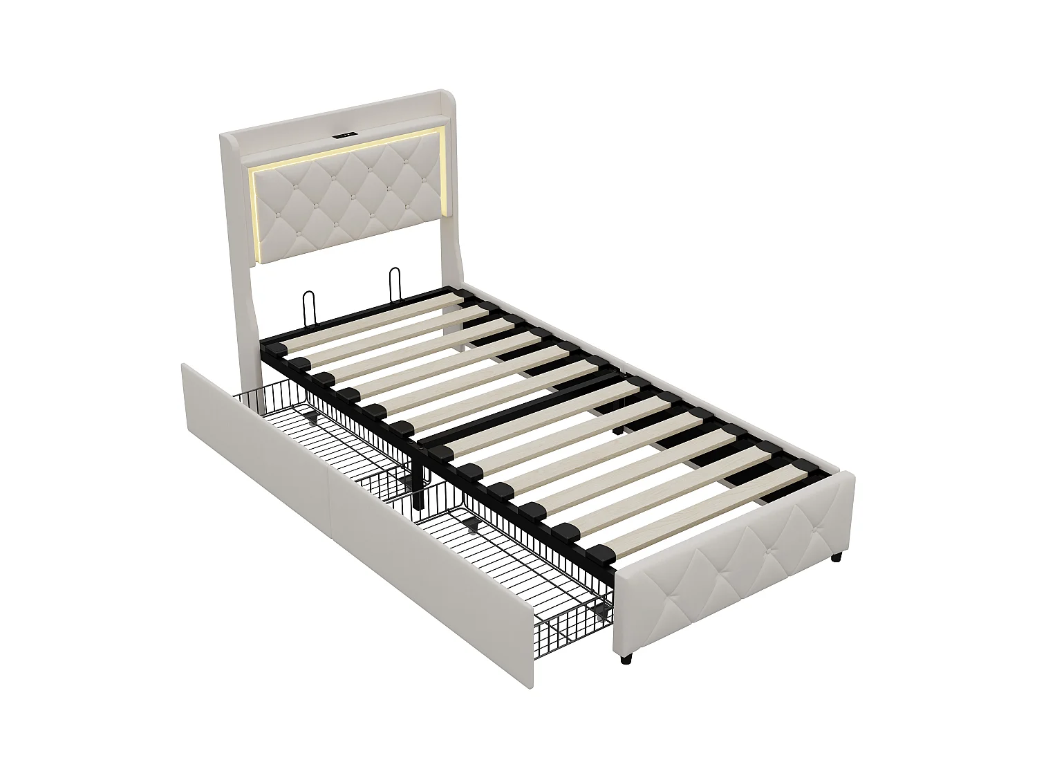 Cama de veludo bege 90x200 cm com cabeceira de LED, elevador a gás, carregamento USB e tipo C