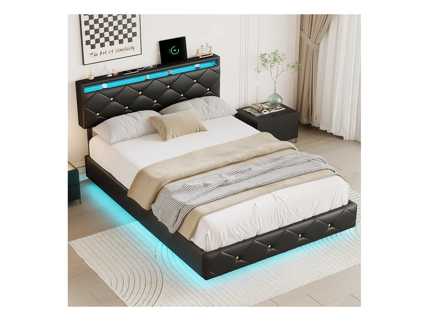 Bed van 160x200 cm met ledverlichting en verstelbaar hoofdeinde, metalen structuur en PU-bekleding, modern en elegant design