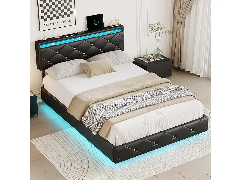Lit 160x200 cm avec Éclairage LED et Tête de Lit Réglable, Structure Métallique et Revêtement en PU, Design Moderne et Élégant