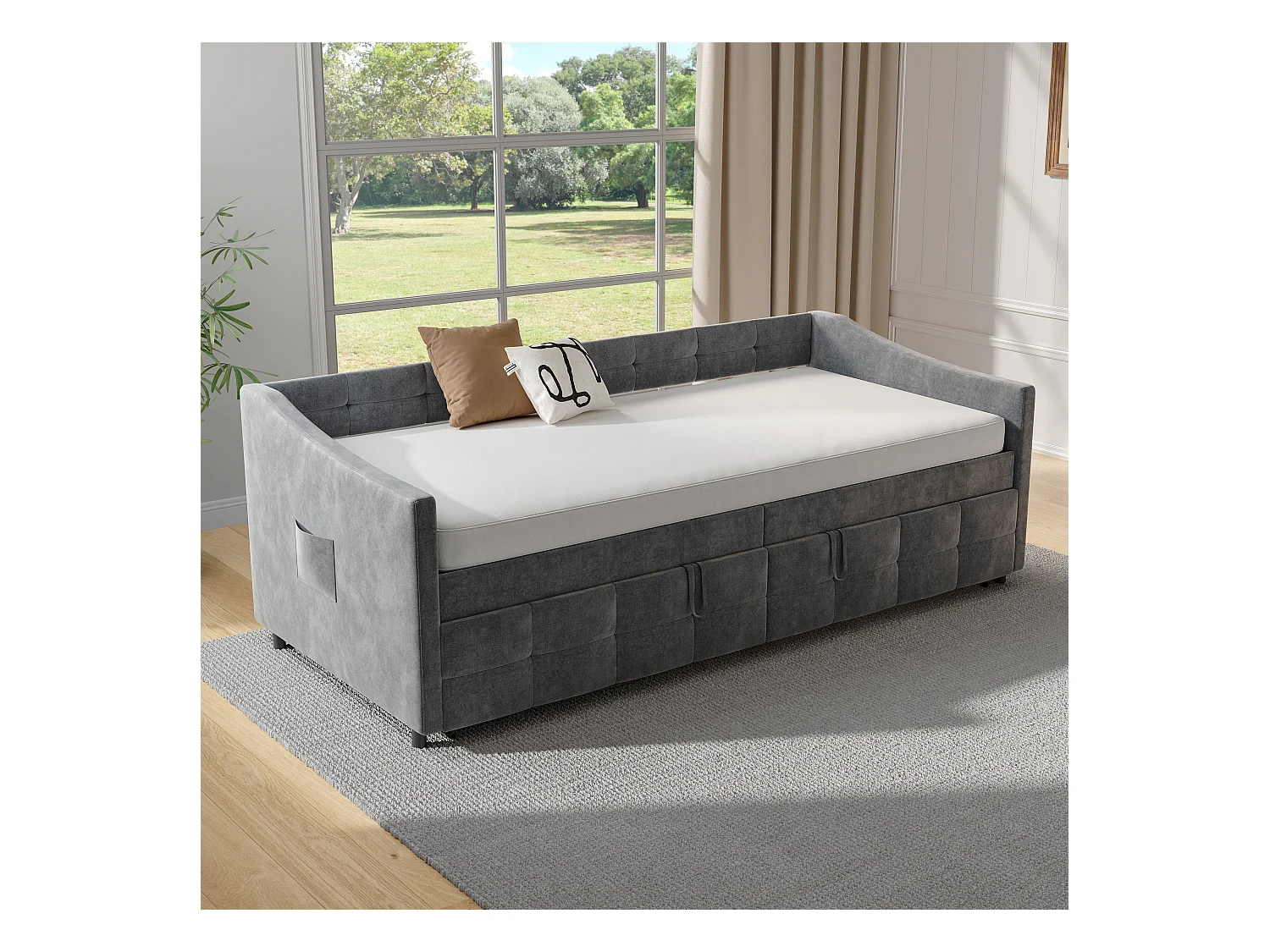 Canapé-lit extensible en velours gris 90x200 cm, convertible 180x200 cm avec mécanisme hydraulique, structure bois et métal, poche latérale pratique