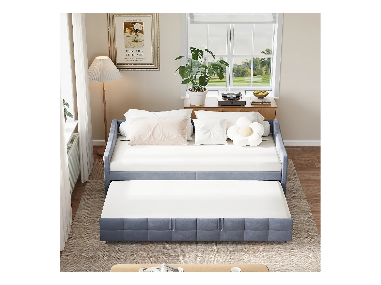 Canapé-lit extensible en velours gris 90x200 cm, convertible 180x200 cm avec mécanisme hydraulique, structure bois et métal, poche latérale pratique