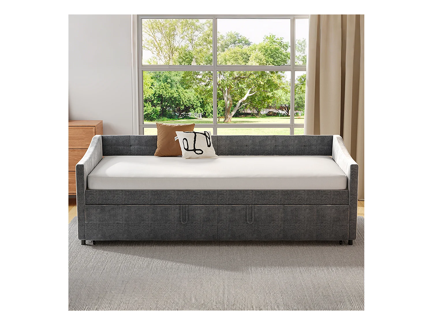 Canapé-lit extensible en velours gris 90x200 cm, convertible 180x200 cm avec mécanisme hydraulique, structure bois et métal, poche latérale pratique