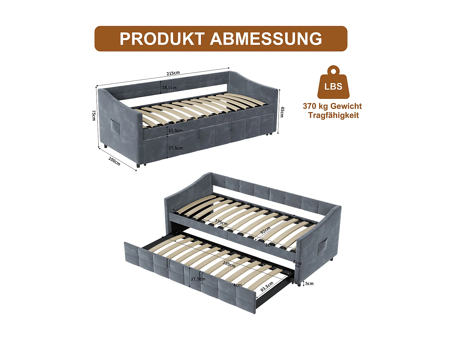 Canapé-lit extensible en velours gris 90x200 cm, convertible 180x200 cm avec mécanisme hydraulique, structure bois et métal, poche latérale pratique