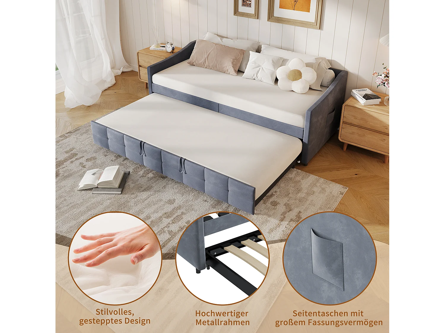 Canapé-lit extensible en velours gris 90x200 cm, convertible 180x200 cm avec mécanisme hydraulique, structure bois et métal, poche latérale pratique