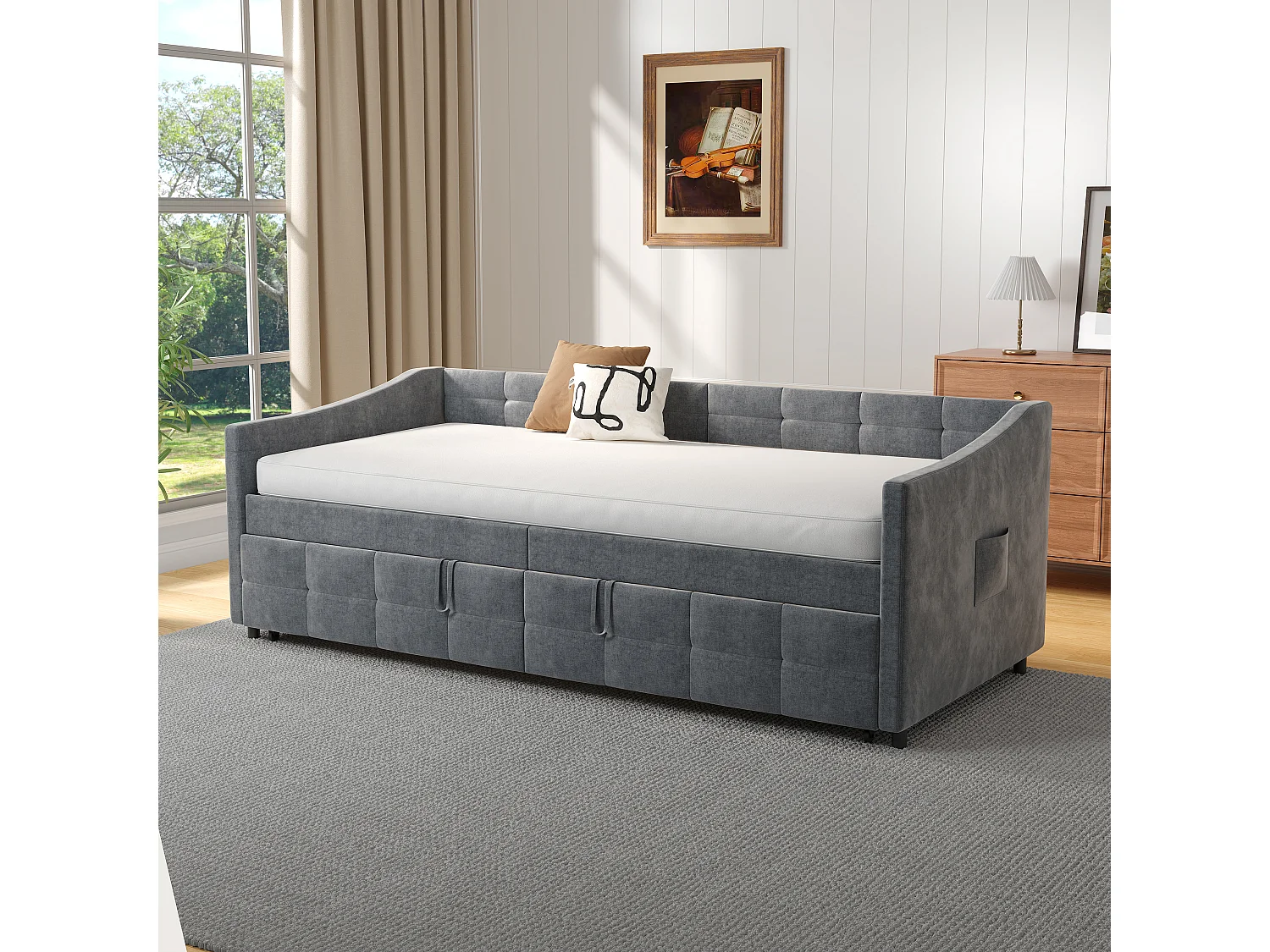 Canapé-lit extensible en velours gris 90x200 cm, convertible 180x200 cm avec mécanisme hydraulique, structure bois et métal, poche latérale pratique