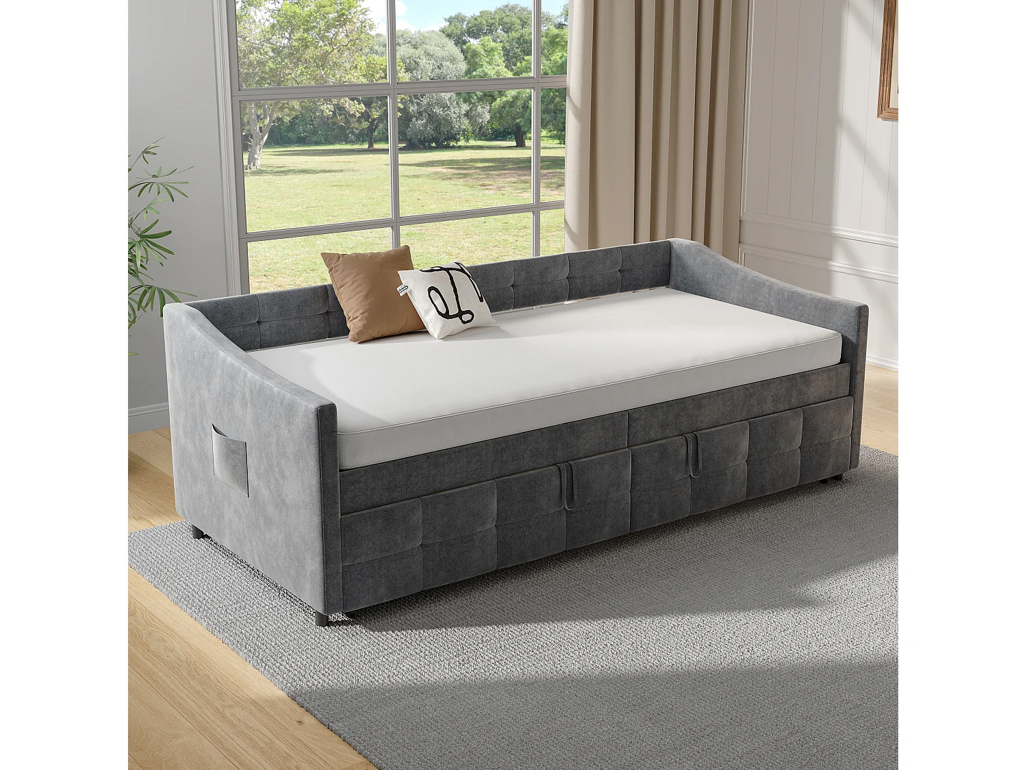 Canapé-lit extensible en velours gris 90x200 cm, convertible 180x200 cm avec mécanisme hydraulique, structure bois et métal, poche latérale pratique