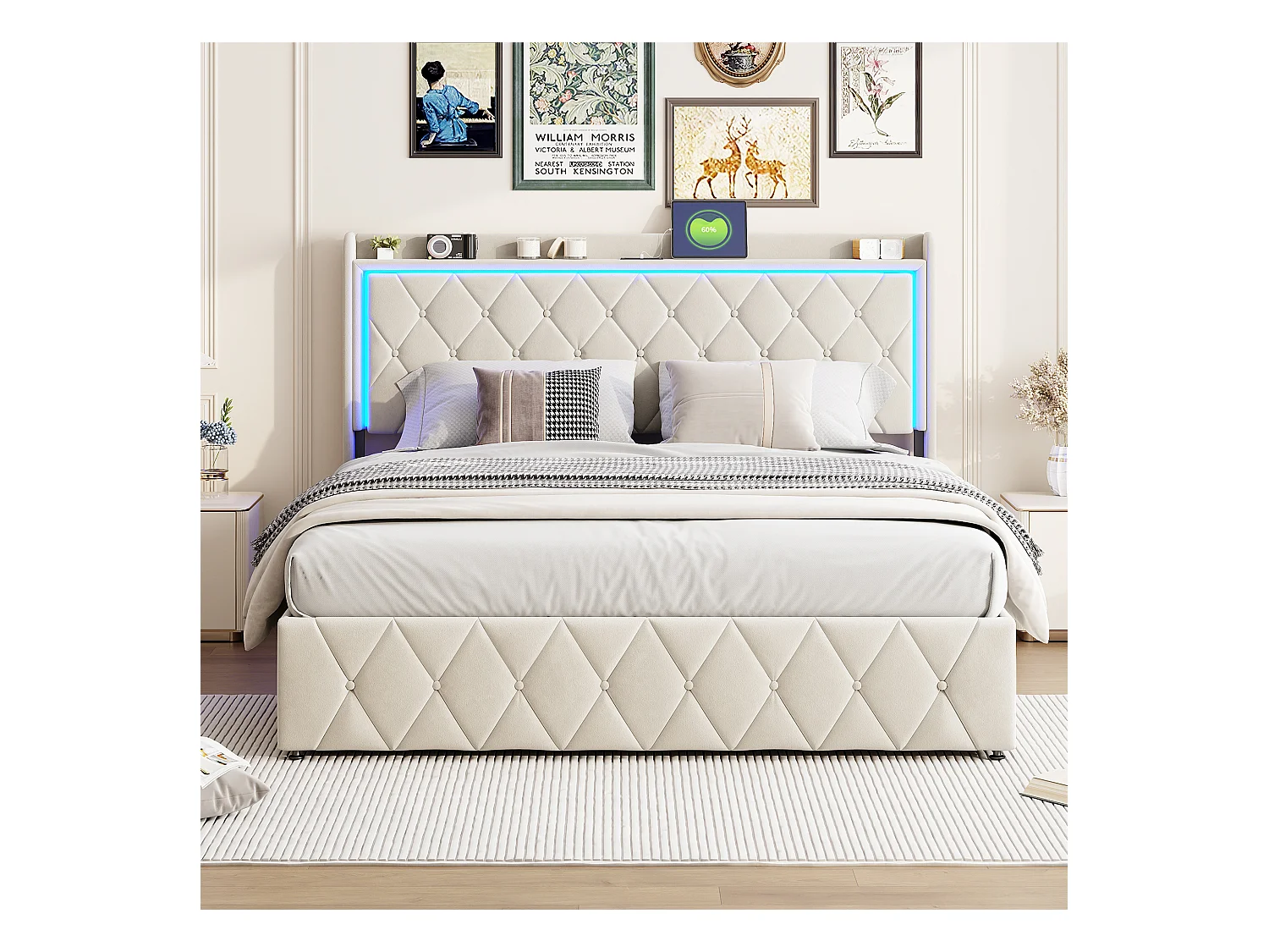 Lit 140x190 cm en Velours Beige avec Tête de Lit LED, Rangement à Gaz, Chargement USB et Type-C