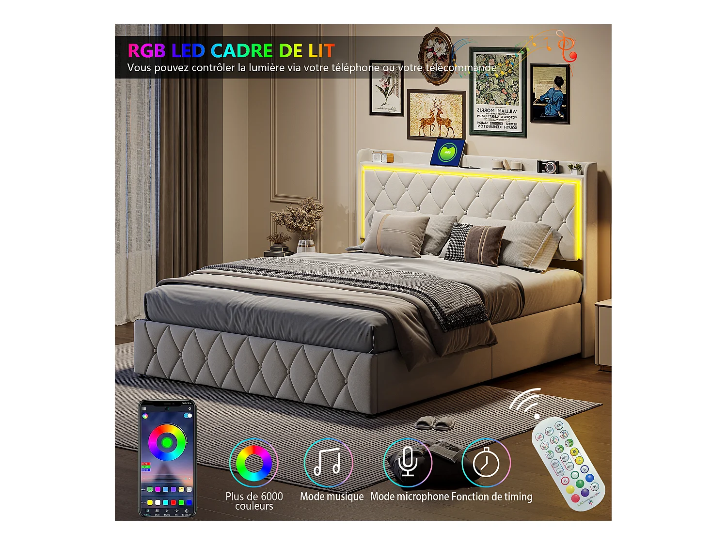 Lit 140x190 cm en Velours Beige avec Tête de Lit LED, Rangement à Gaz, Chargement USB et Type-C