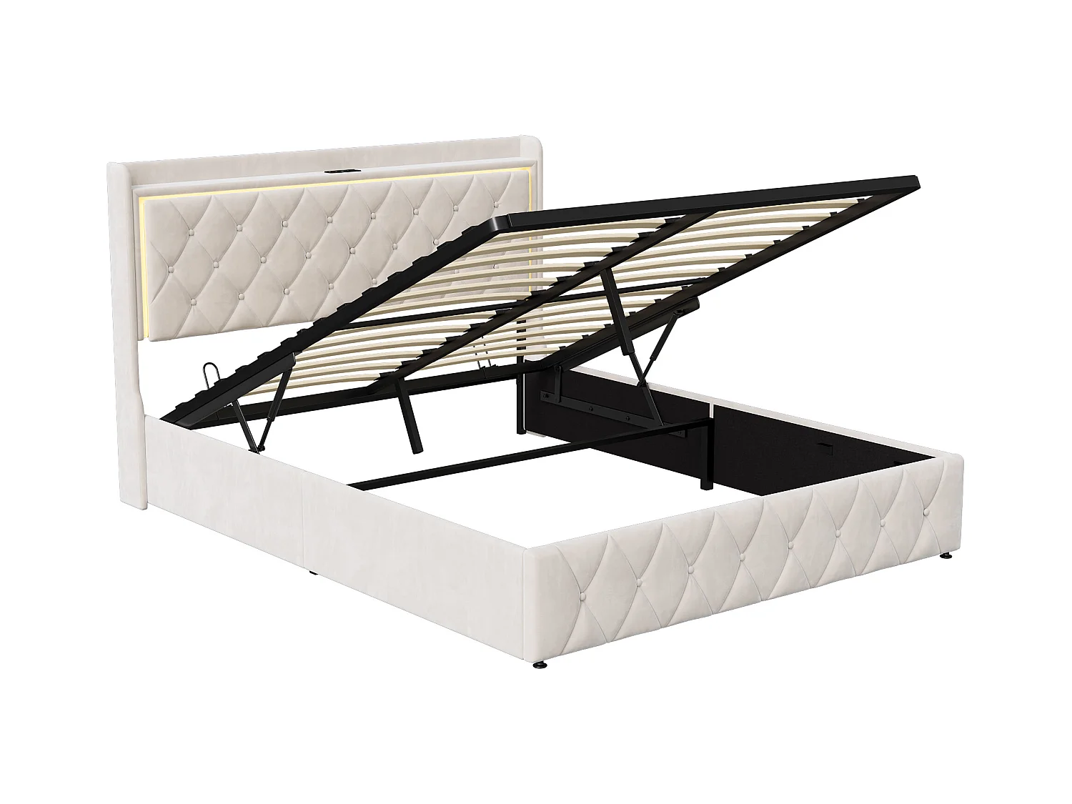 140 x 190 cm beiges Samtbett mit LED-Kopfteil, Gasdruckfeder, USB- und Typ-C-Ladefunktion