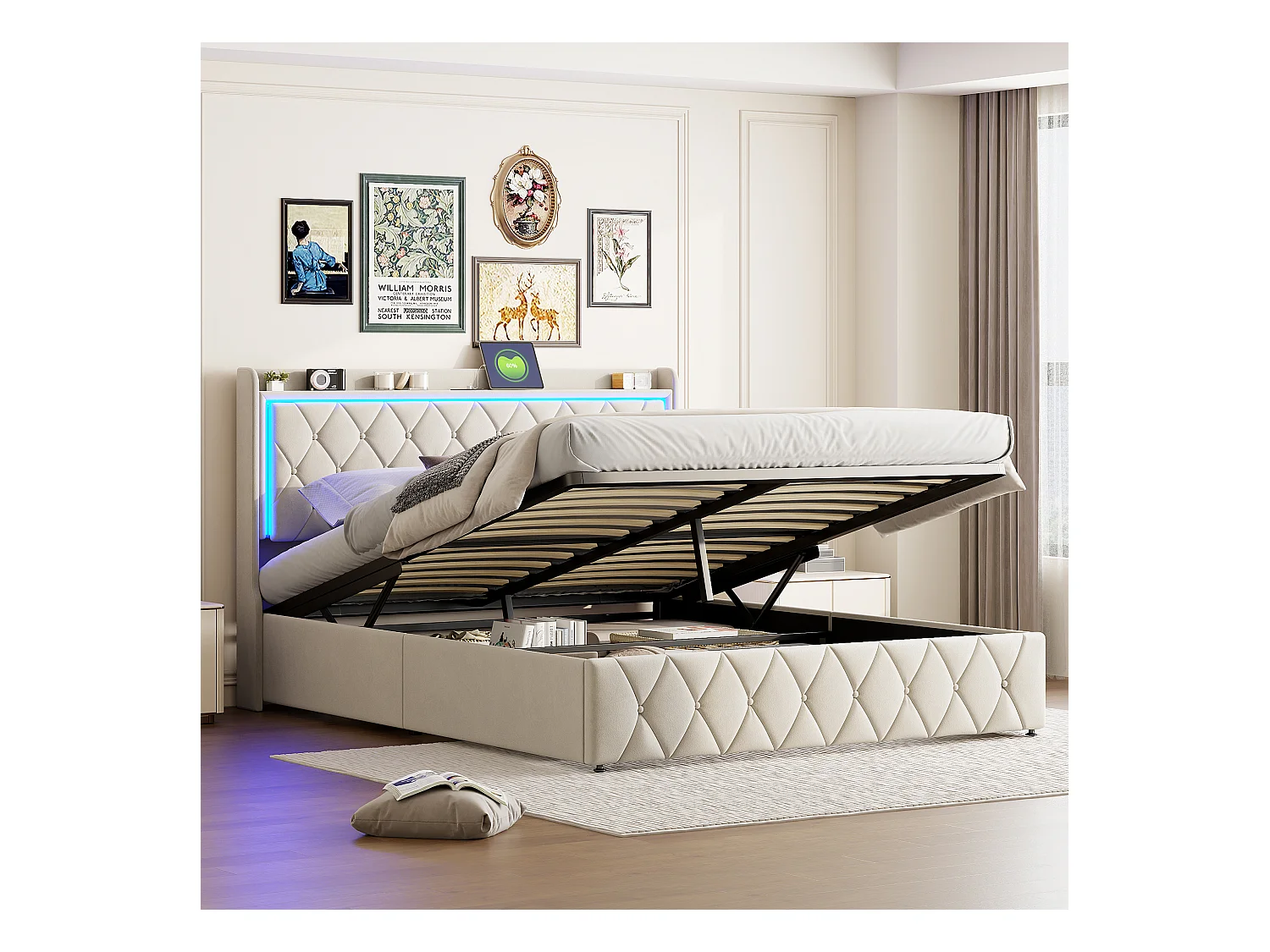 140 x 190 cm beiges Samtbett mit LED-Kopfteil, Gasdruckfeder, USB- und Typ-C-Ladefunktion