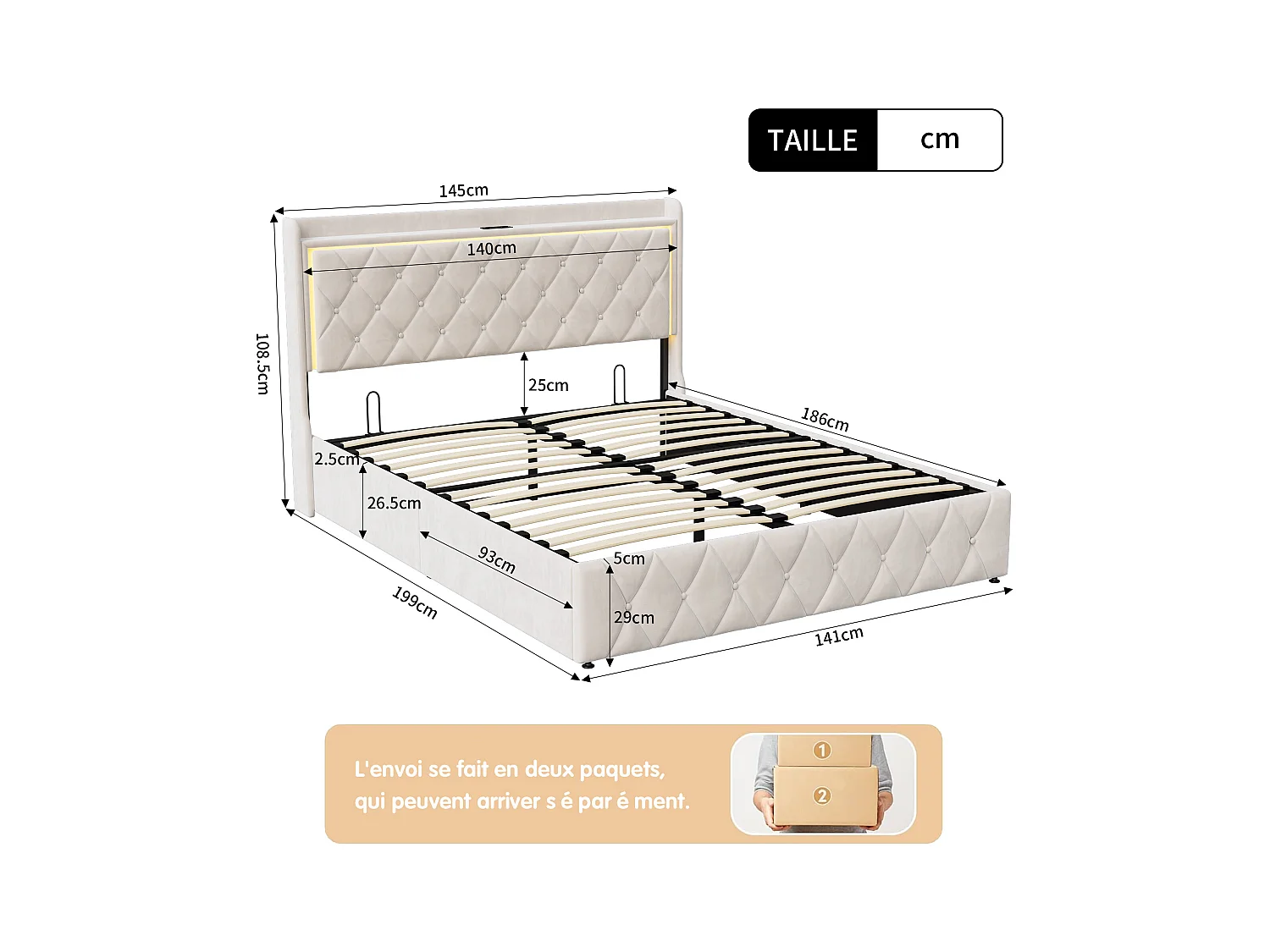 140 x 190 cm beiges Samtbett mit LED-Kopfteil, Gasdruckfeder, USB- und Typ-C-Ladefunktion