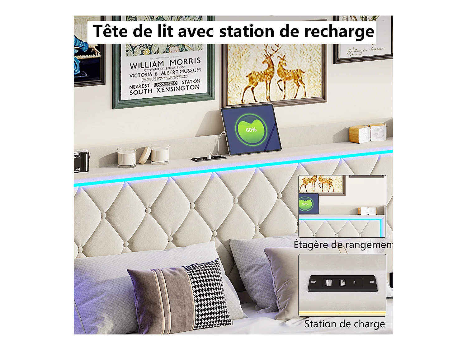 140 x 190 cm beiges Samtbett mit LED-Kopfteil, Gasdruckfeder, USB- und Typ-C-Ladefunktion