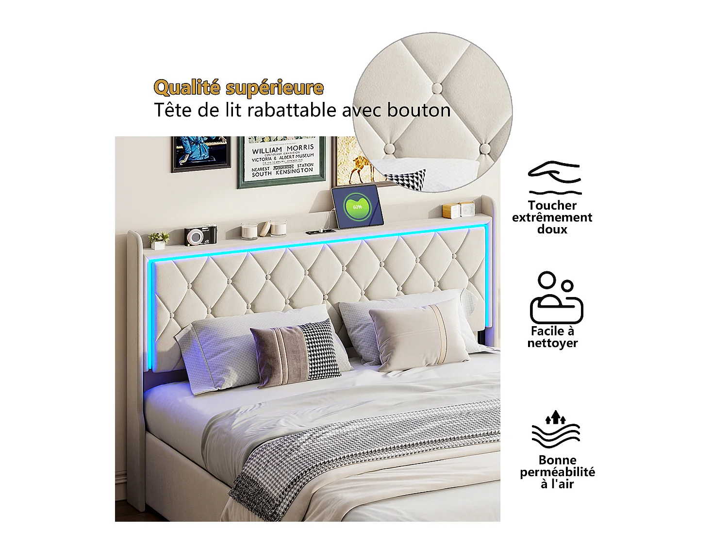 140 x 190 cm beiges Samtbett mit LED-Kopfteil, Gasdruckfeder, USB- und Typ-C-Ladefunktion