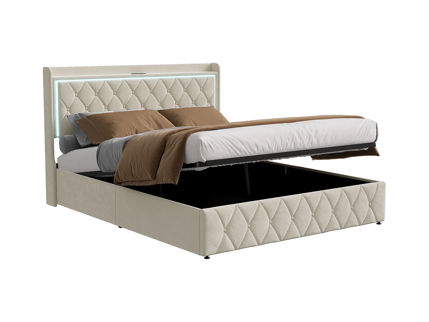 140 x 190 cm beiges Samtbett mit LED-Kopfteil, Gasdruckfeder, USB- und Typ-C-Ladefunktion