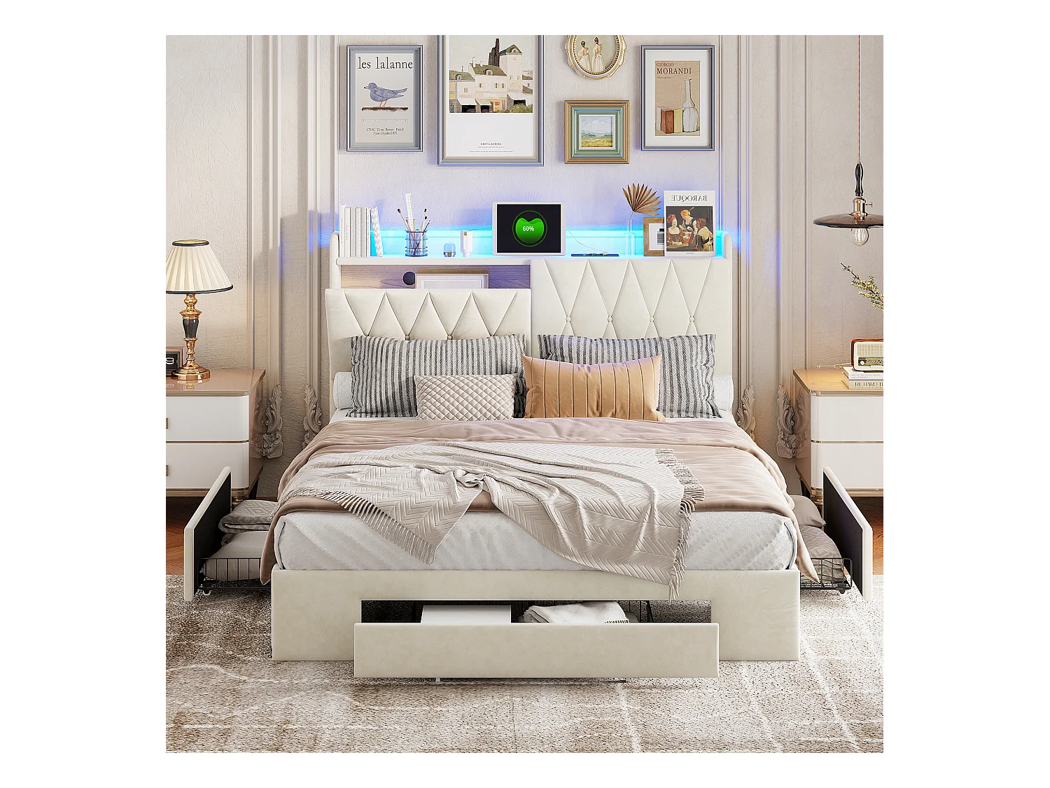 Bett mit LED-Kopfteil und 3 Schubladen, USB-Ladegerät und RGB-Beleuchtung – 140 x 190 cm, Beiges Samtdesign