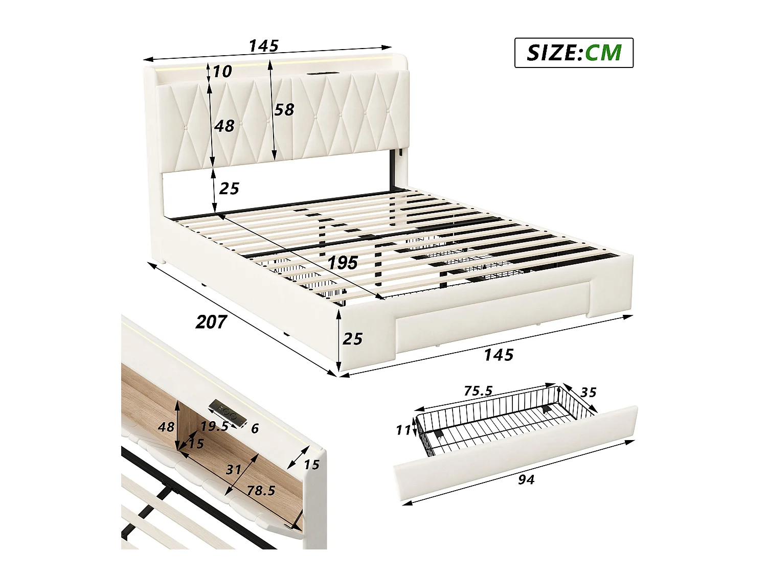Bett mit LED-Kopfteil und 3 Schubladen, USB-Ladegerät und RGB-Beleuchtung – 140 x 190 cm, Beiges Samtdesign