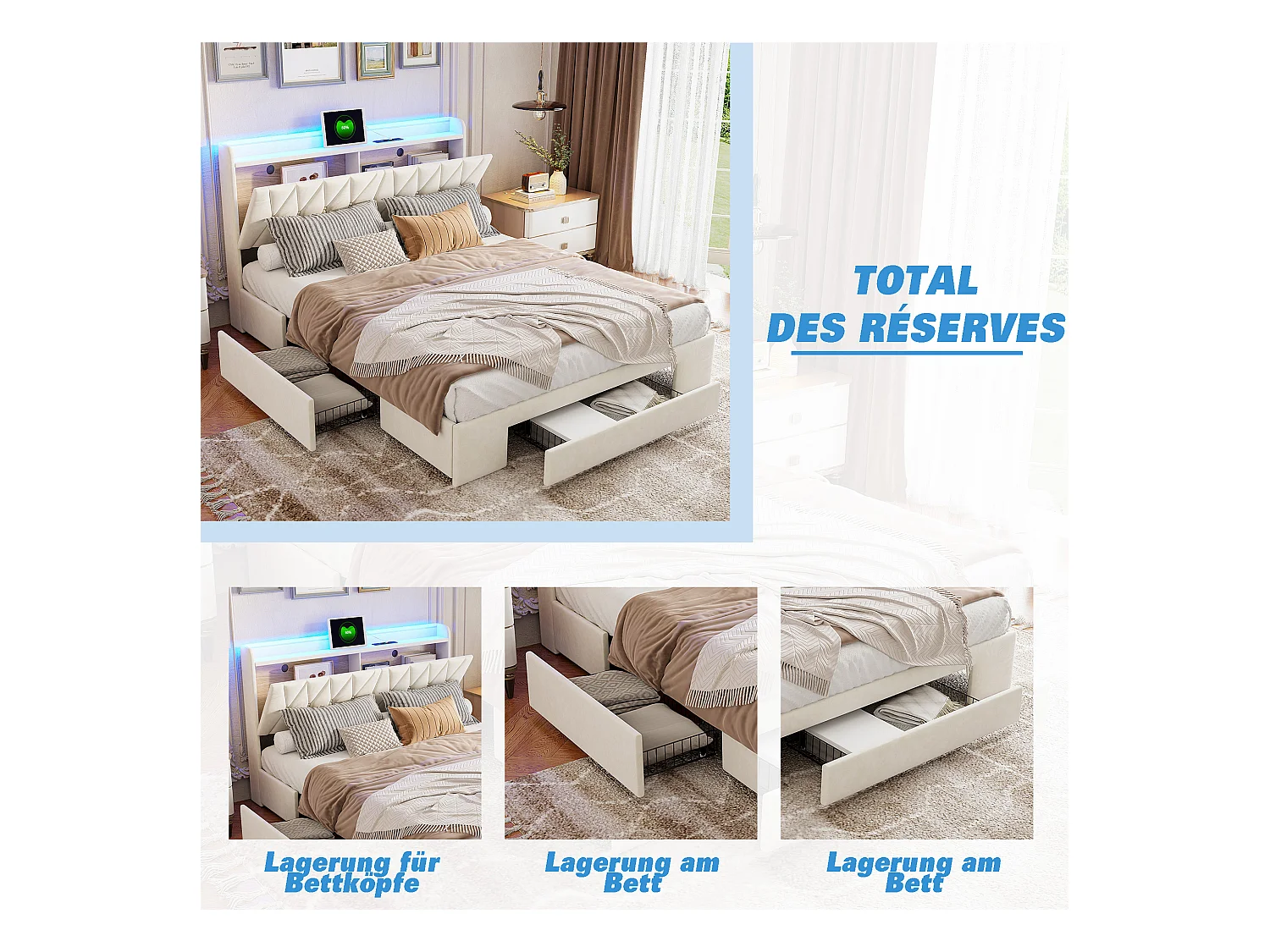 Bett mit LED-Kopfteil und 3 Schubladen, USB-Ladegerät und RGB-Beleuchtung – 140 x 190 cm, Beiges Samtdesign
