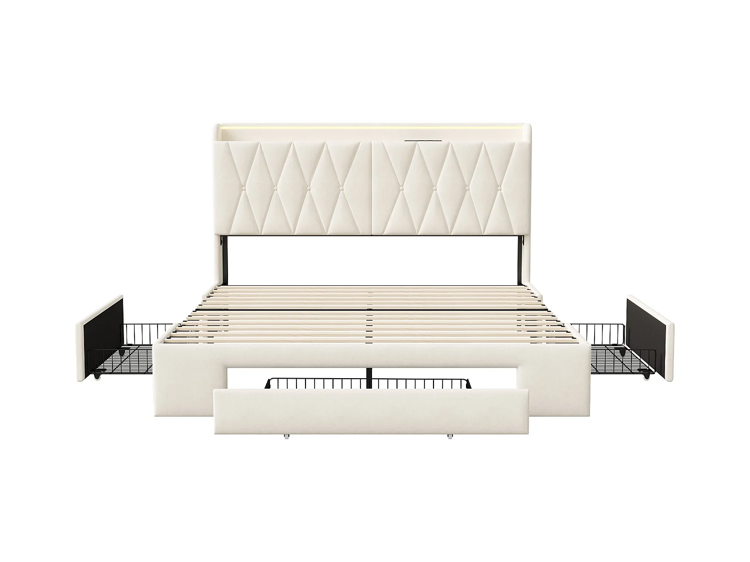 Bett mit LED-Kopfteil und 3 Schubladen, USB-Ladegerät und RGB-Beleuchtung – 140 x 190 cm, Beiges Samtdesign