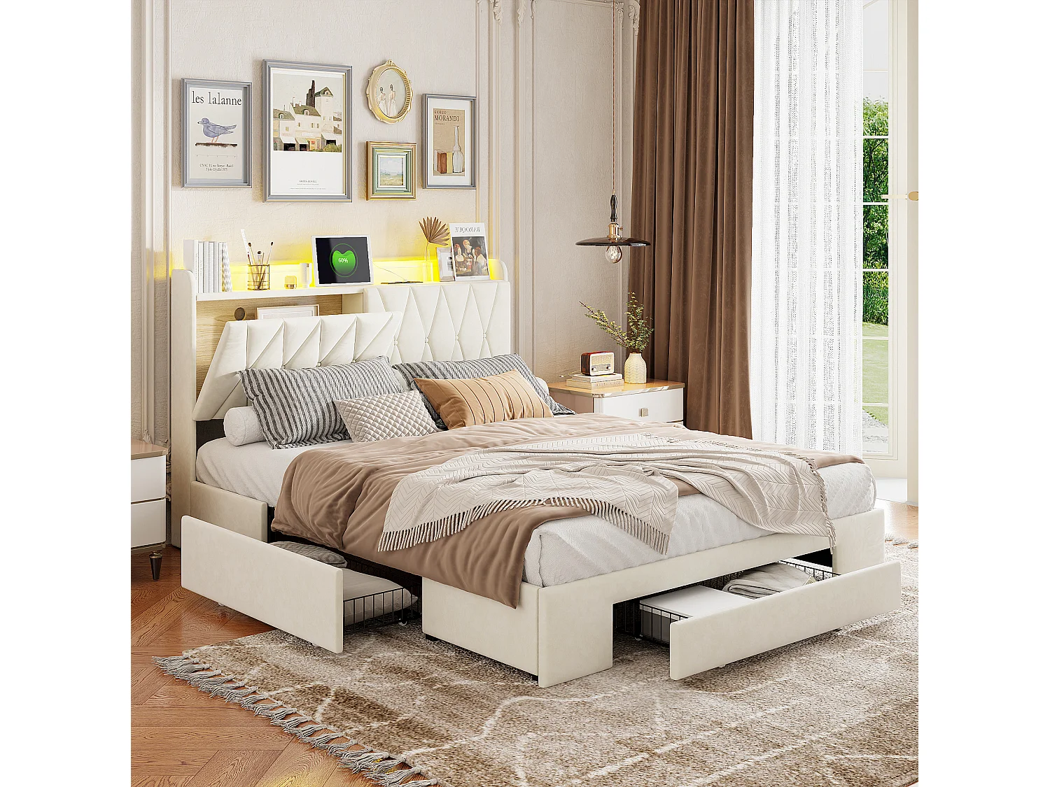 Lit avec Tête de Lit LED et 3 tiroirs de Rangement, Chargeur USB et Éclairage RGB – 140x190 cm, Design en Velours Beige