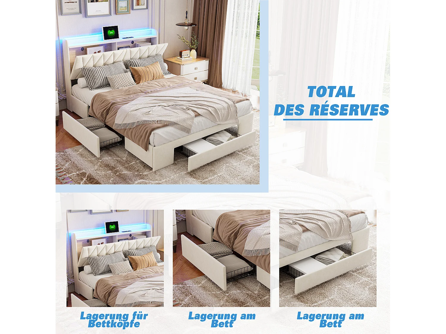 Lit avec Tête de Lit LED et 3 tiroirs de Rangement, Chargeur USB et Éclairage RGB – 140x190 cm, Design en Velours Beige