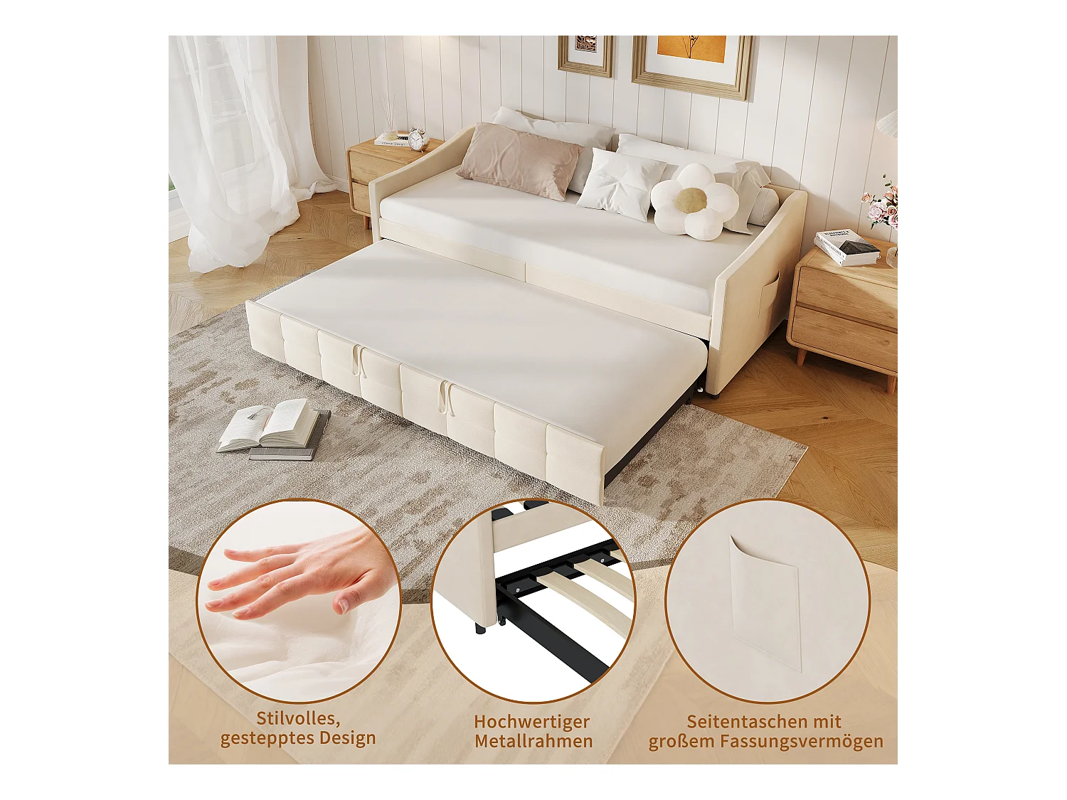 Canapé-lit extensible en velours Beige 90x200 cm, convertible 180x200 cm avec mécanisme hydraulique, structure bois et métal, poche latérale pratique