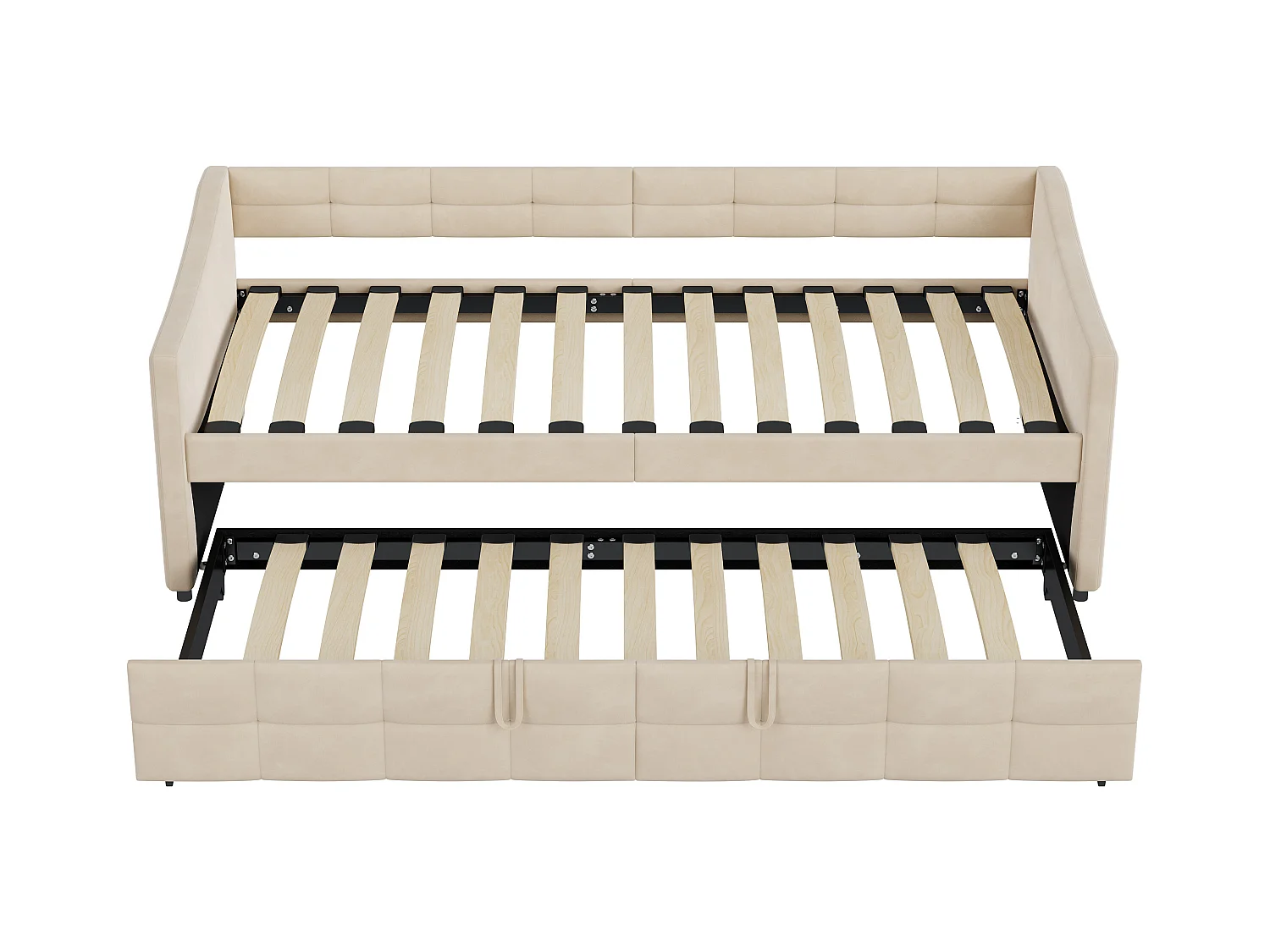 Canapé-lit extensible en velours Beige 90x200 cm, convertible 180x200 cm avec mécanisme hydraulique, structure bois et métal, poche latérale pratique