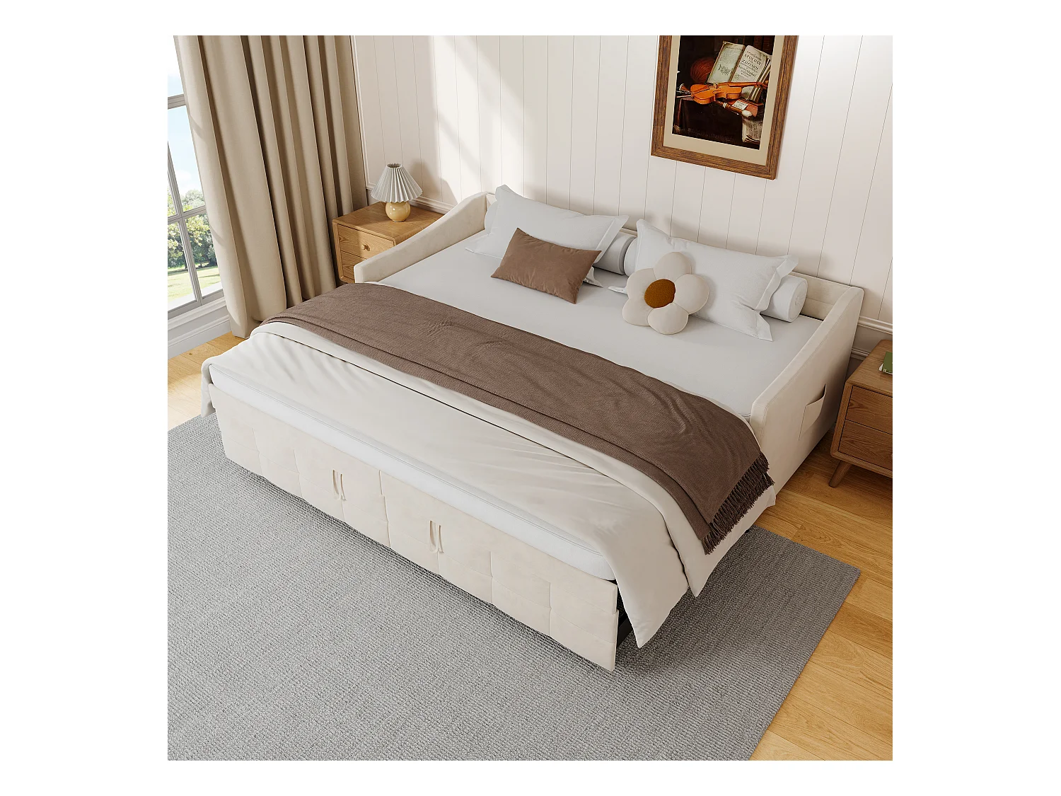 Ausziehbares Schlafsofa aus beigem Samt 90x200 cm, umbaubar auf 180x200 cm mit hydraulischem Mechanismus, Struktur aus Holz und Metall, praktische Seitentasche