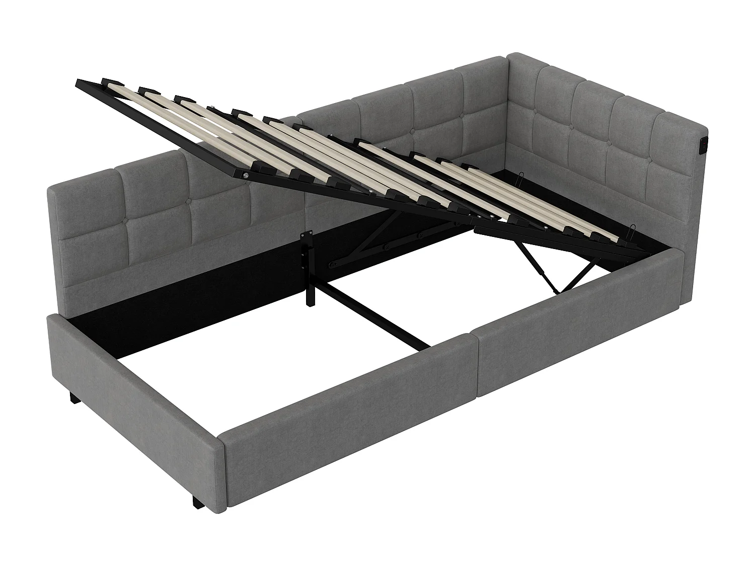 Bed van 90x200 cm met LED-hoofdbord en opbergruimte, USB- en Type-C-oplaadfunctie, RGB-verlichting met afstandsbediening, grijs fluwelen stoffen ontwerp