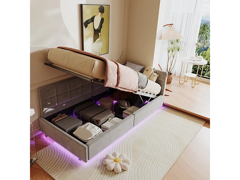Bed van 90x200 cm met LED-hoofdbord en opbergruimte, USB- en Type-C-oplaadfunctie, RGB-verlichting met afstandsbediening, grijs fluwelen stoffen ontwerp