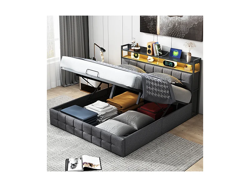 Lit avec Tête de Lit LED et Rangement à Gaz, Chargeur USB-C et USB, Éclairage RGB, Design en Tissu Lin Gris – 140x190 cm (Sans Matelas)