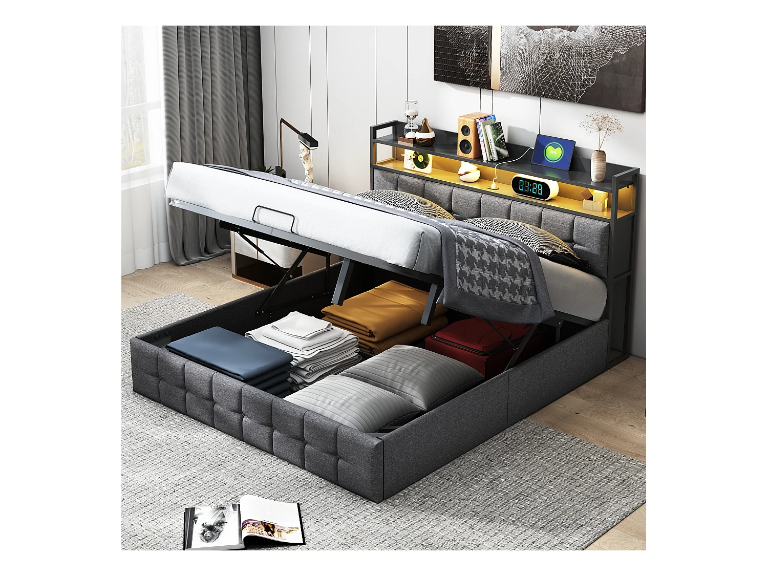 Cama com cabeceira LED e armazenamento a gás, USB-C e carregador USB, iluminação RGB, design em tecido de linho cinza – 140x190 cm (sem colchão)