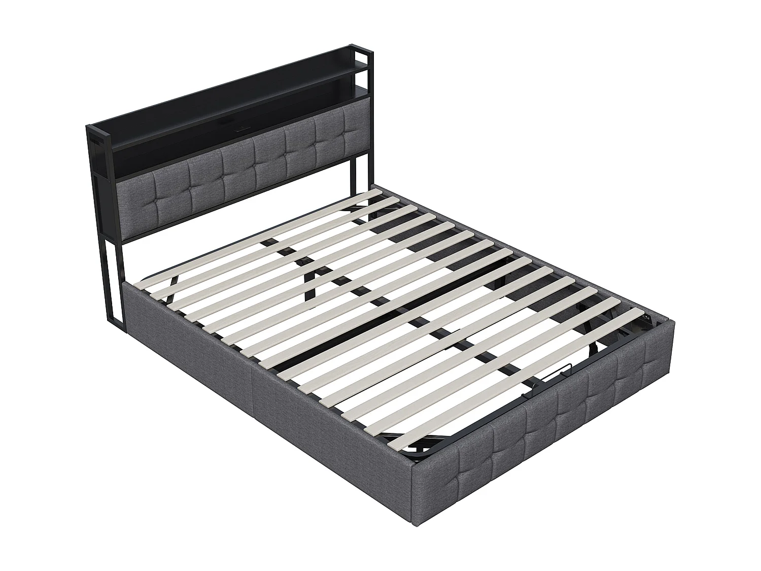 Bed met LED-hoofdbord en gasopslag, USB-C en USB-oplader, RGB-verlichting, grijs linnen design – 140x190 cm (zonder matras)