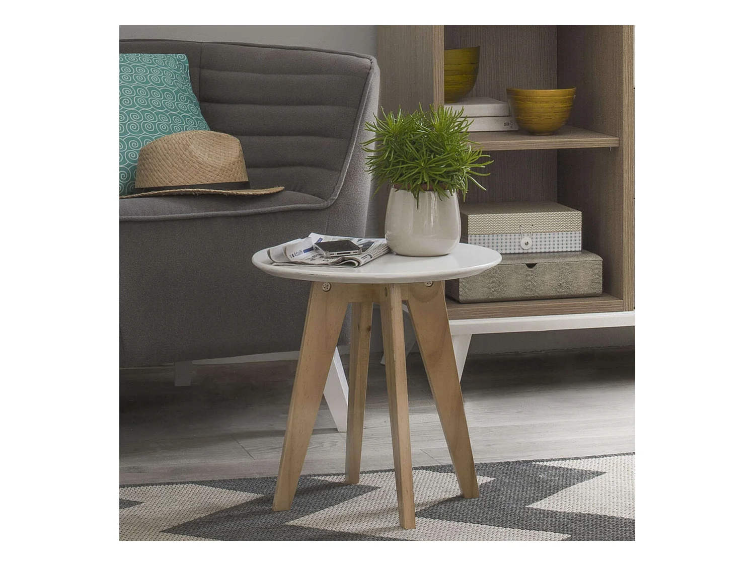 Table d'appoint de salon et salle à manger blanche et chêne 40 cm