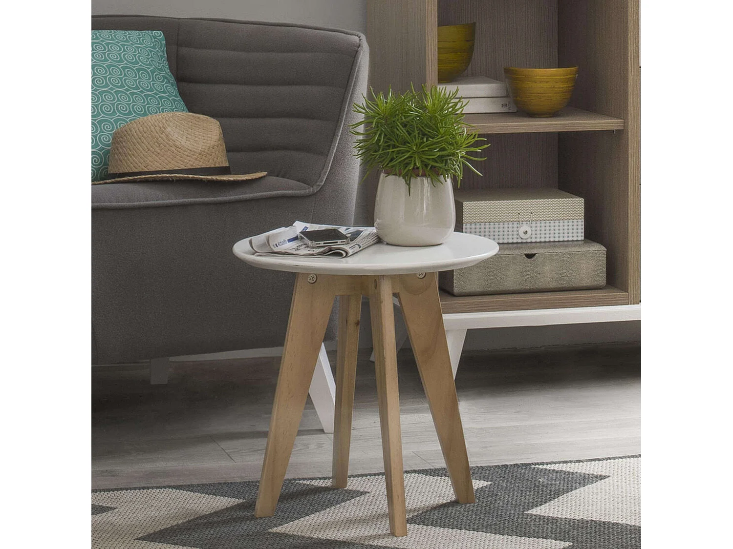 Table d'appoint de salon et salle à manger blanche et chêne 40 cm