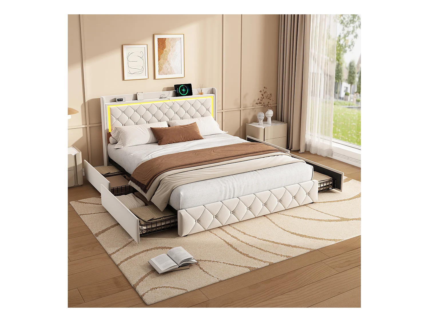 140x190 cm beige fluwelen bed met led-hoofdeinde, gaslift, USB- en type-C-poorten