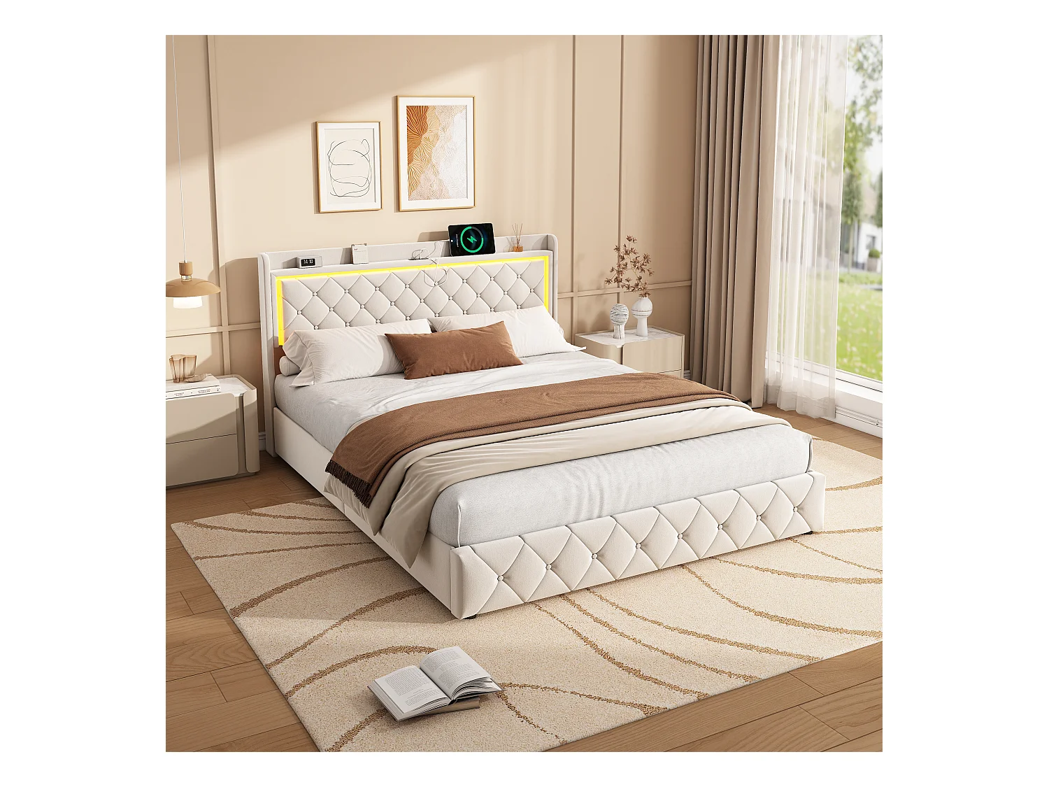 140x190 cm beige fluwelen bed met led-hoofdeinde, gaslift, USB- en type-C-poorten