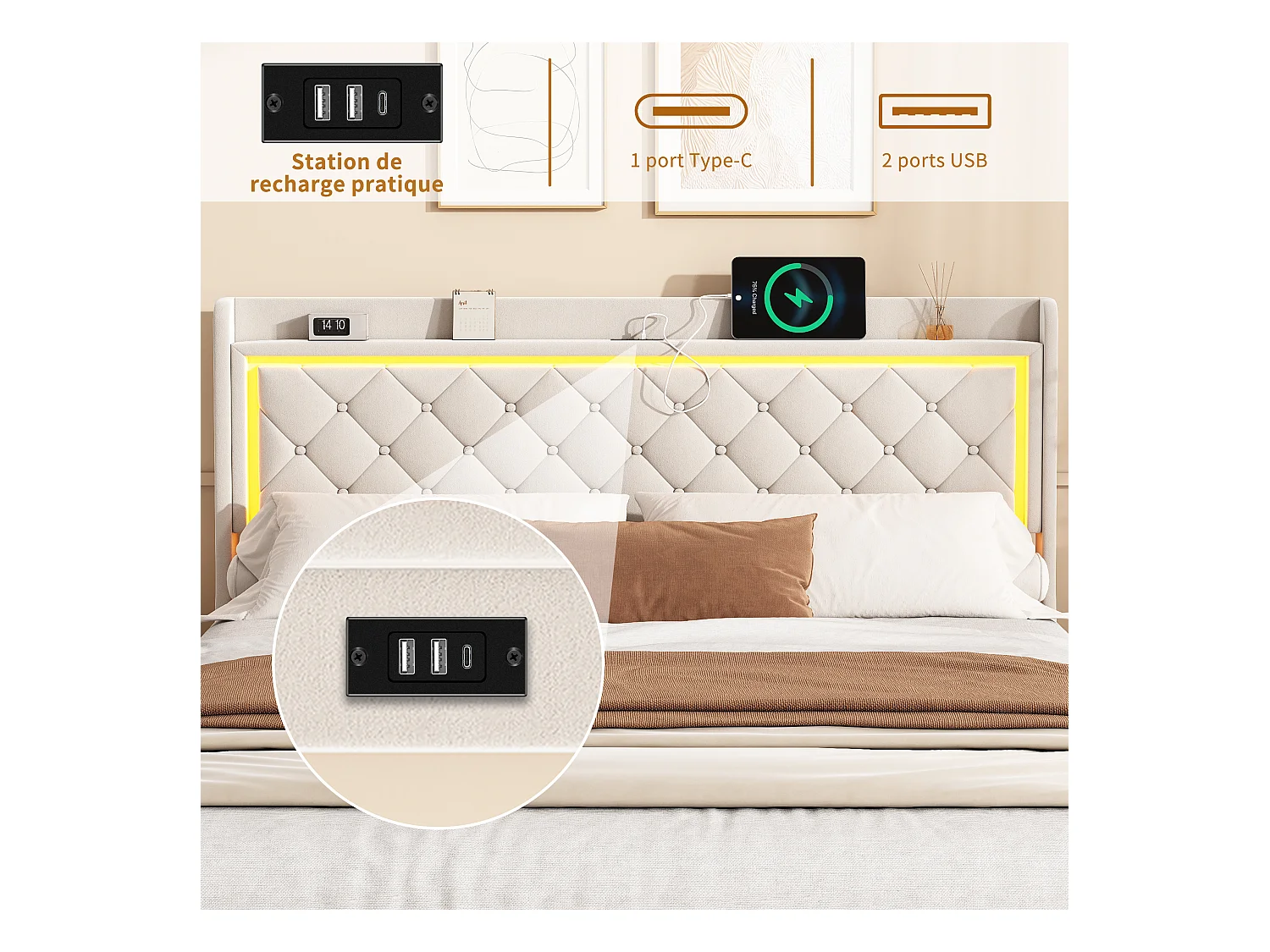 140x190 cm beige fluwelen bed met led-hoofdeinde, gaslift, USB- en type-C-poorten