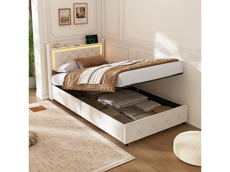 Struttura letto a piattaforma 90x200 cm con testiera LED RGB, contenitore idraulico, 2 prese USB, velluto beige