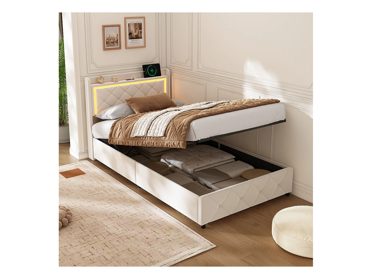 Base de cama de 90x200 cm con cabecero LED RGB, compartimento hidráulico, 2 puertos USB, terciopelo beige