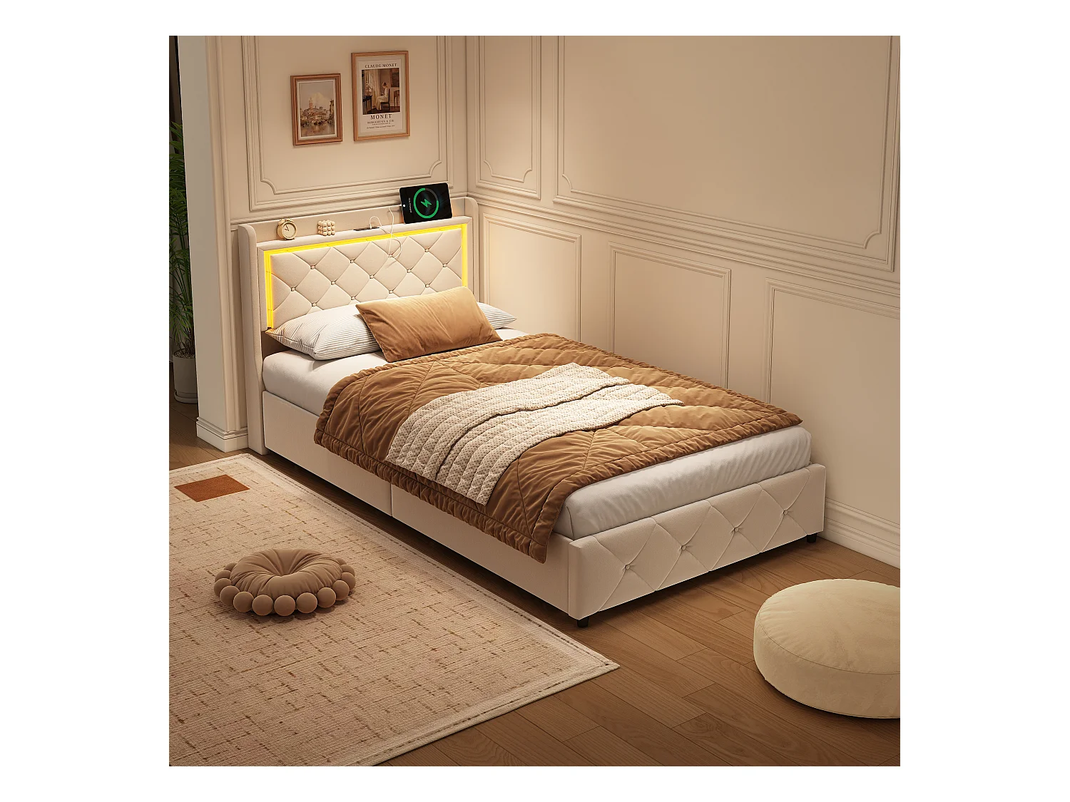 Base de cama de 90x200 cm con cabecero LED RGB, compartimento hidráulico, 2 puertos USB, terciopelo beige