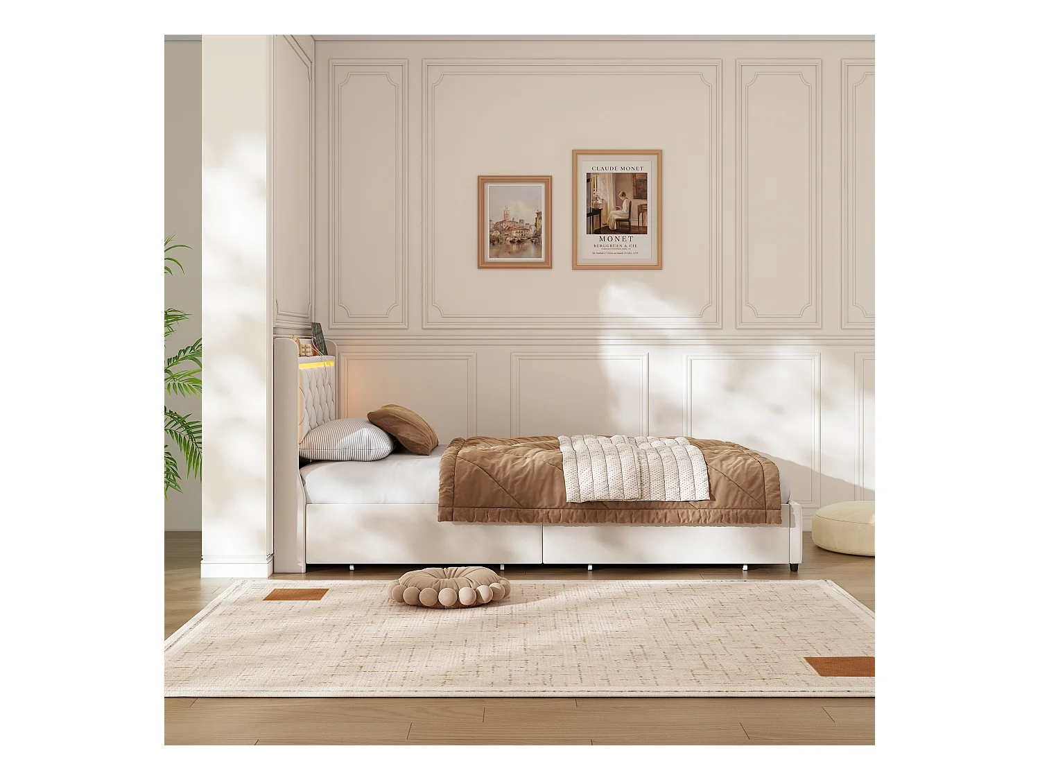 Base de cama de 90x200 cm con cabecero LED RGB, compartimento hidráulico, 2 puertos USB, terciopelo beige